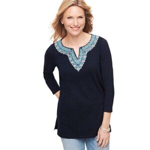Talbots Navy Embroidered Split Neck Tee - 100% Cotton